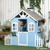 Outsunny Căsuță din Lemn de Exterior pentru Copii cu Ușă și Ferestre, Căsuță pentru Copii de 3-7 Ani, 151x112.5x142 cm, Albastru | Aosom Romania 
