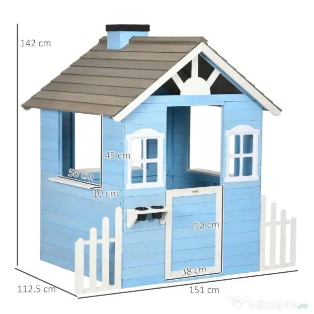 Outsunny Căsuță din Lemn de Exterior pentru Copii cu Ușă și Ferestre, Căsuță pentru Copii de 3-7 Ani, 151x112.5x142 cm, Albastru | Aosom Romania