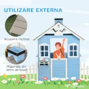 Outsunny Căsuță din Lemn de Exterior pentru Copii cu Ușă și Ferestre, Căsuță pentru Copii de 3-7 Ani, 151x112.5x142 cm, Albastru | Aosom Romania 