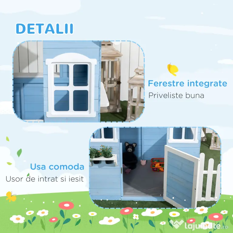 Outsunny Căsuță din Lemn de Exterior pentru Copii cu Ușă și Ferestre, Căsuță pentru Copii de 3-7 Ani, 151x112.5x142 cm, Albastru | Aosom Romania