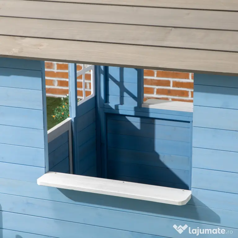 Outsunny Căsuță din Lemn de Exterior pentru Copii cu Ușă și Ferestre, Căsuță pentru Copii de 3-7 Ani, 151x112.5x142 cm, Albastru | Aosom Romania