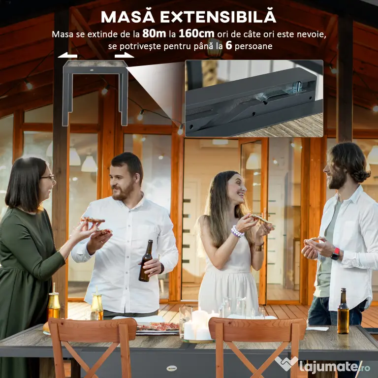 Outsunny Masă de Grădină Extensibilă 80/160x80x75 cm, Masă de Dining pentru 6 Persoane Dreptunghiulară din Aluminiu cu Blat din Plastic, pentru Terasă, Balcon și Exterior, Bej | Aosom Romania