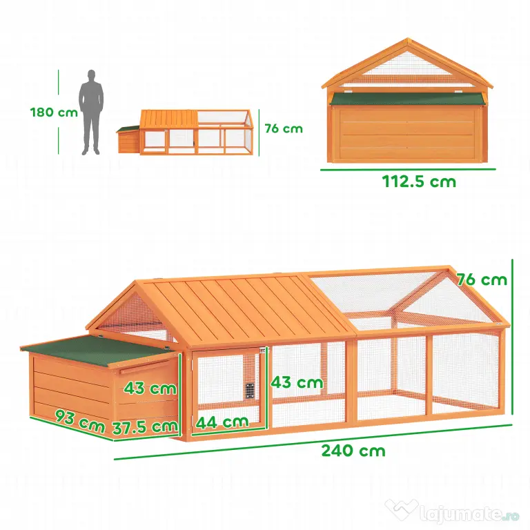 PawHut Coteț pentru Găini de Exterior cu Acoperiș Rabatabil și Ușă Largă Pentru 4-8 Găini, 240x112,5x76 cm, Portocaliu | Aosom Romania