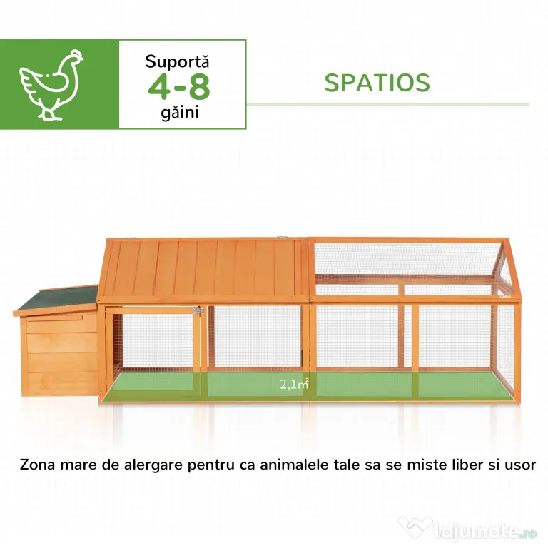 PawHut Coteț pentru Găini de Exterior cu Acoperiș Rabatabil și Ușă Largă Pentru 4-8 Găini, 240x112,5x76 cm, Portocaliu | Aosom Romania
