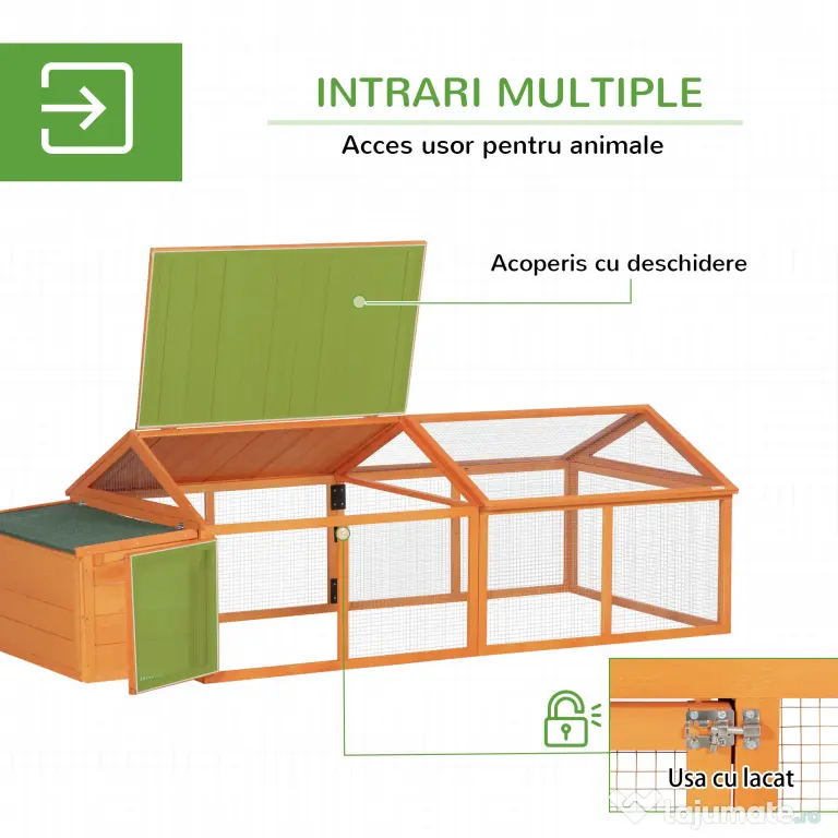 PawHut Coteț pentru Găini de Exterior cu Acoperiș Rabatabil și Ușă Largă Pentru 4-8 Găini, 240x112,5x76 cm, Portocaliu | Aosom Romania