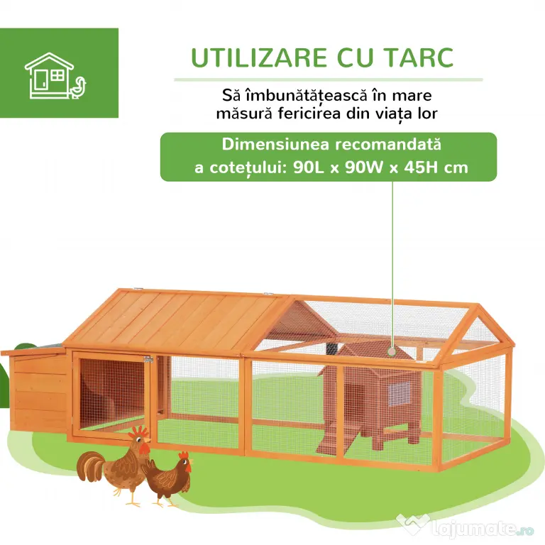 PawHut Coteț pentru Găini de Exterior cu Acoperiș Rabatabil și Ușă Largă Pentru 4-8 Găini, 240x112,5x76 cm, Portocaliu | Aosom Romania