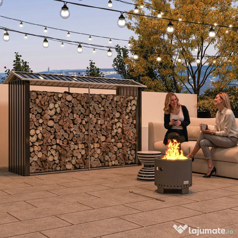 Outsunny Suport de Lemne cu Structură din Oțel Galvanizat 240x86x160cm Negru | Aosom Romania