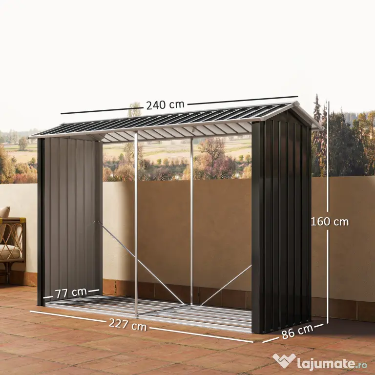 Outsunny Suport de Lemne cu Structură din Oțel Galvanizat 240x86x160cm Negru | Aosom Romania
