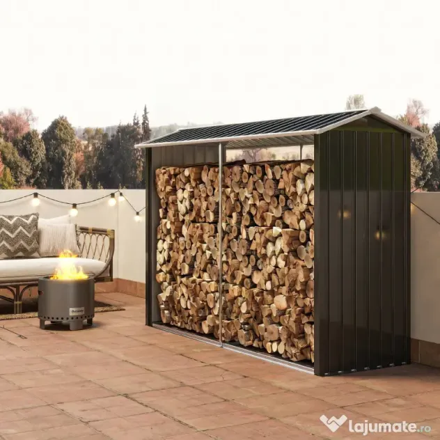 Outsunny Suport de Lemne cu Structură din Oțel Galvanizat 240x86x160cm Negru | Aosom Romania