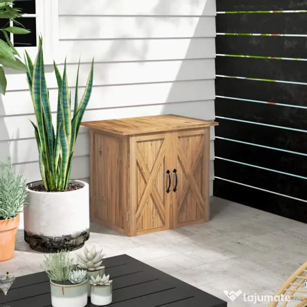 Outsunny Dulap de Exterior din Lemn cu 2 Uși, Căsuță de Grădină pentru Unelte cu Acoperiș Impermeabil, 77x55x72 cm, Maro | Aosom Romania