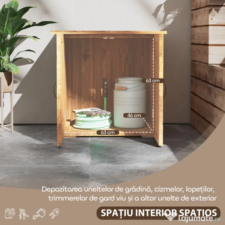 Outsunny Dulap de Exterior din Lemn cu 2 Uși, Căsuță de Grădină pentru Unelte cu Acoperiș Impermeabil, 77x55x72 cm, Maro | Aosom Romania