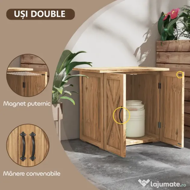 Outsunny Dulap de Exterior din Lemn cu 2 Uși, Căsuță de Grădină pentru Unelte cu Acoperiș Impermeabil, 77x55x72 cm, Maro | Aosom Romania