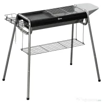 Outsunny Grătar cu Cărbune cu Grilaj și Plită de Gătit, Coș și Rafturi, 107x63x75cm, Negru