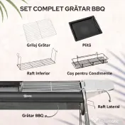 Outsunny Grătar cu Cărbune cu Grilaj și Plită de Gătit, Coș și Rafturi, 107x63x75cm, Negru 