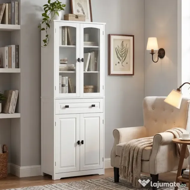 HOMCOM Bufet de Bucătărie cu 2 Dulapuri și Sertar, Mobilier de Bucătărie cu Uși și Rafturi Reglabile, 60x30x160 cm, Alb | Aosom Romania