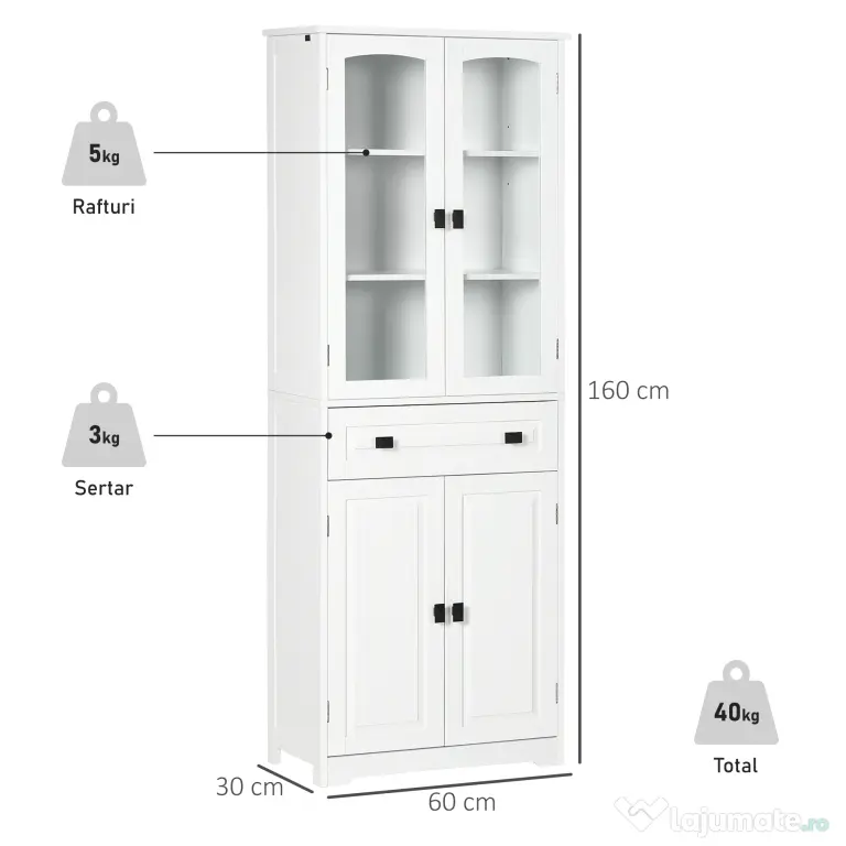 HOMCOM Bufet de Bucătărie cu 2 Dulapuri și Sertar, Mobilier de Bucătărie cu Uși și Rafturi Reglabile, 60x30x160 cm, Alb | Aosom Romania