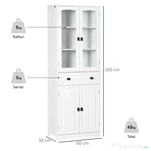 HOMCOM Bufet de Bucătărie cu 2 Dulapuri și Sertar, Mobilier de Bucătărie cu Uși și Rafturi Reglabile, 60x30x160 cm, Alb | Aosom Romania