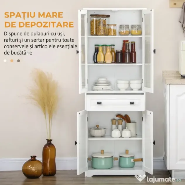 HOMCOM Bufet de Bucătărie cu 2 Dulapuri și Sertar, Mobilier de Bucătărie cu Uși și Rafturi Reglabile, 60x30x160 cm, Alb | Aosom Romania