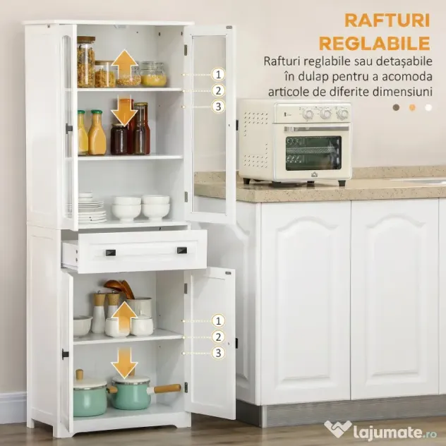 HOMCOM Bufet de Bucătărie cu 2 Dulapuri și Sertar, Mobilier de Bucătărie cu Uși și Rafturi Reglabile, 60x30x160 cm, Alb | Aosom Romania