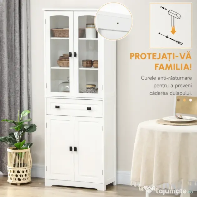 HOMCOM Bufet de Bucătărie cu 2 Dulapuri și Sertar, Mobilier de Bucătărie cu Uși și Rafturi Reglabile, 60x30x160 cm, Alb | Aosom Romania