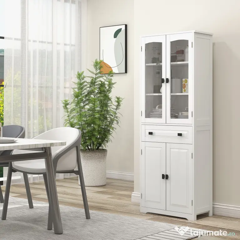 HOMCOM Bufet de Bucătărie cu 2 Dulapuri și Sertar, Mobilier de Bucătărie cu Uși și Rafturi Reglabile, 60x30x160 cm, Alb | Aosom Romania