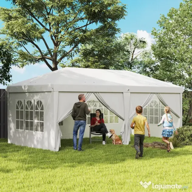 Outsunny Cort 6x3 m pliabil din otel si material Oxford, cort pentru gradina cu 6 pereti laterali, franghii si carlige, alb