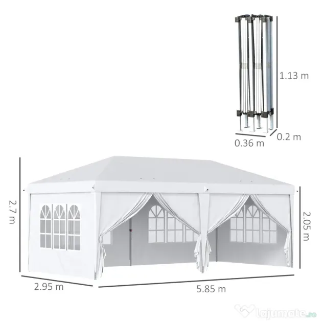Outsunny Cort 6x3 m pliabil din otel si material Oxford, cort pentru gradina cu 6 pereti laterali, franghii si carlige, alb