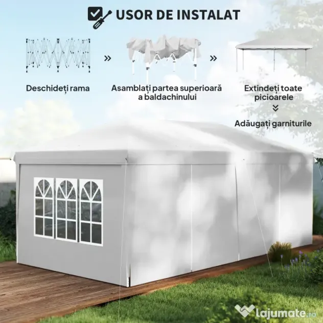 Outsunny Cort 6x3 m pliabil din otel si material Oxford, cort pentru gradina cu 6 pereti laterali, franghii si carlige, alb