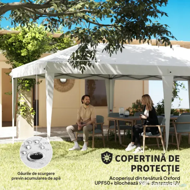 Outsunny Cort 6x3 m pliabil din otel si material Oxford, cort pentru gradina cu 6 pereti laterali, franghii si carlige, alb