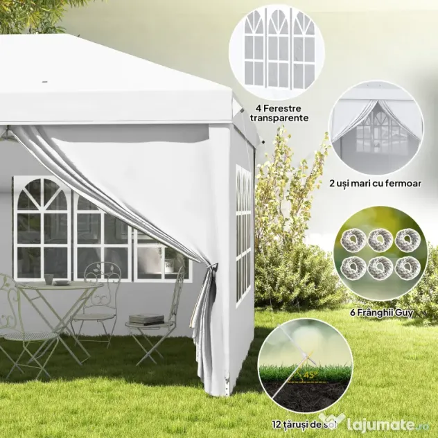 Outsunny Cort 6x3 m pliabil din otel si material Oxford, cort pentru gradina cu 6 pereti laterali, franghii si carlige, alb