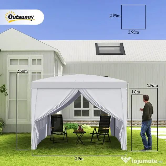 Outsunny Cort Impermeabil 3x3m Grădină, Panouri Laterale Pliabile, Oțel Oxford, Alb | Aosom Romania