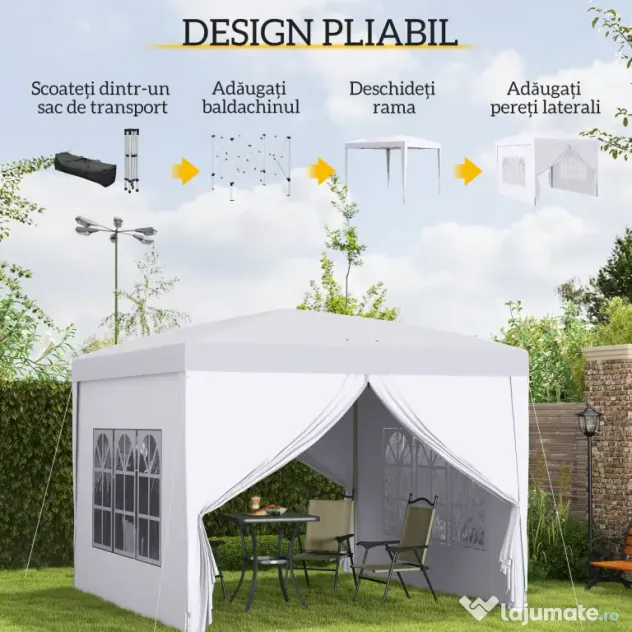 Outsunny Cort Impermeabil 3x3m Grădină, Panouri Laterale Pliabile, Oțel Oxford, Alb | Aosom Romania