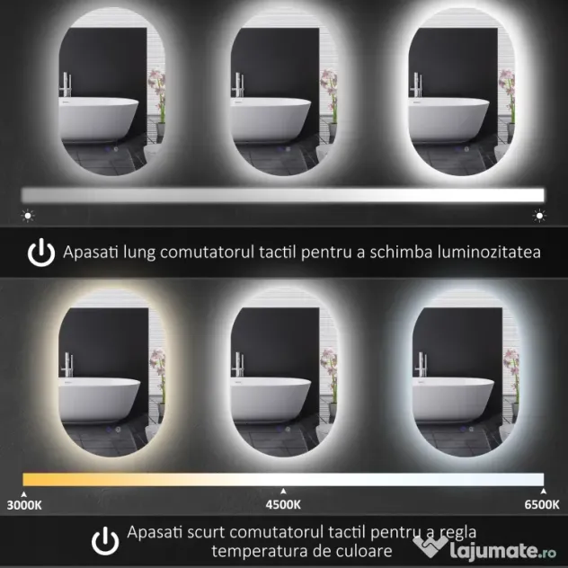 kleankin Oglindă de Perete cu Lumină LED în 3 Culori și Funcție Anti-Aburire, 81x51x4.5 cm, Transparent | Aosom Romania