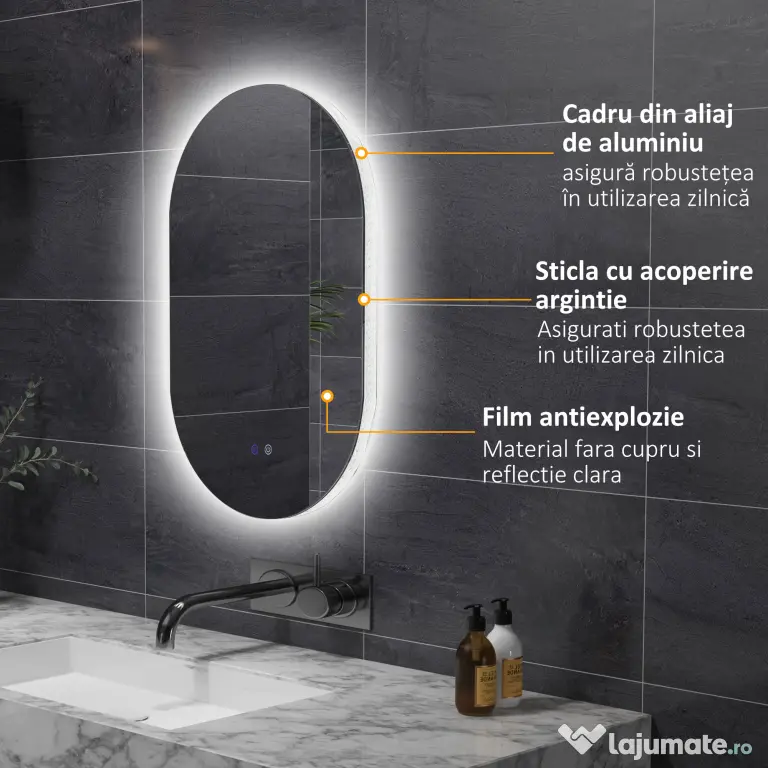 kleankin Oglindă de Perete cu Lumină LED în 3 Culori și Funcție Anti-Aburire, 81x51x4.5 cm, Transparent | Aosom Romania