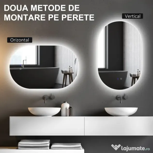 kleankin Oglindă de Perete cu Lumină LED în 3 Culori și Funcție Anti-Aburire, 81x51x4.5 cm, Transparent | Aosom Romania