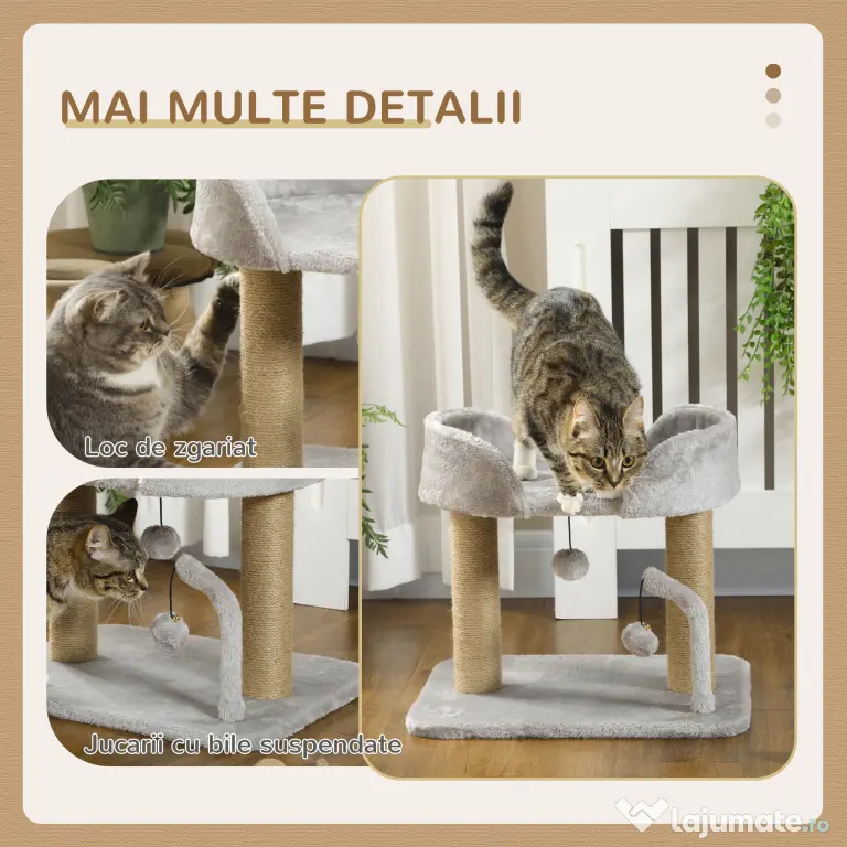 PawHut Ansamblu de Joacă pentru Pisici cu Sisal pentru Zgâriat, Culcuș și Bile, 48x38x42 cm, Gri | Aosom Romania