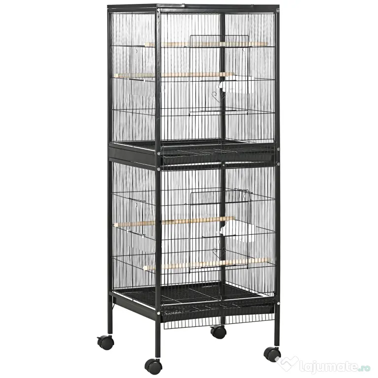 PawHut Colivie pentru Păsări cu 4 Roți Pivotante, Tăvi Detașabile și Recipiente din Plastic, 51.5x50x140 cm, Negru | Aosom Romania