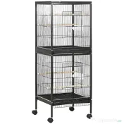 PawHut Colivie pentru Păsări cu 4 Roți Pivotante, Tăvi Detașabile și Recipiente din Plastic, 51.5x50x140 cm, Negru | Aosom Romania 