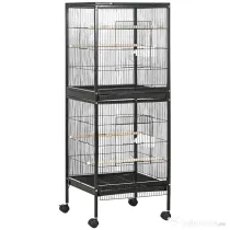 PawHut Colivie pentru Păsări cu 4 Roți Pivotante, Tăvi Detașabile și Recipiente din Plastic, 51.5x50x140 cm, Negru | Aosom Romania