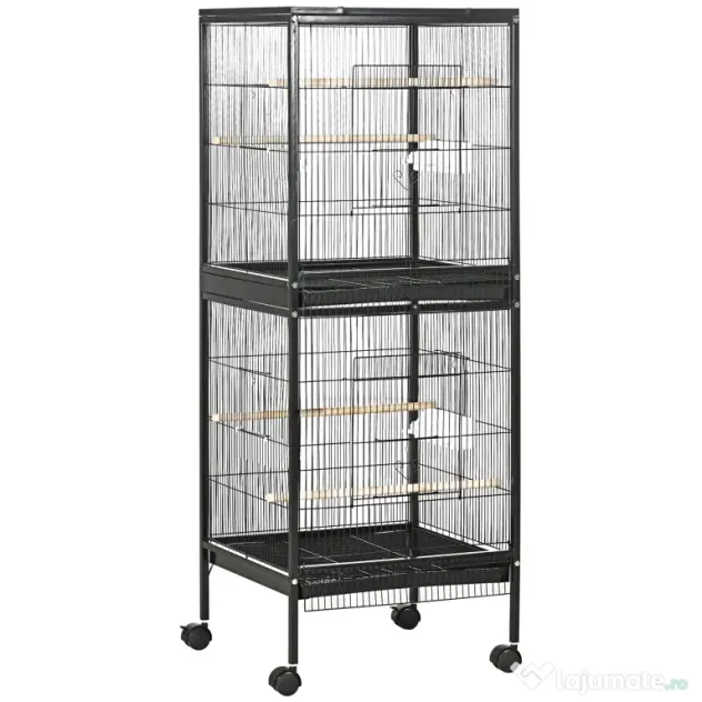 PawHut Colivie pentru Păsări cu 4 Roți Pivotante, Tăvi Detașabile și Recipiente din Plastic, 51.5x50x140 cm, Negru | Aosom Romania
