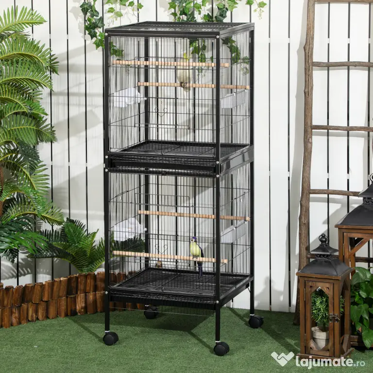 PawHut Colivie pentru Păsări cu 4 Roți Pivotante, Tăvi Detașabile și Recipiente din Plastic, 51.5x50x140 cm, Negru | Aosom Romania
