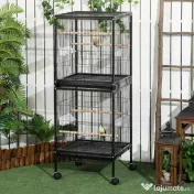 PawHut Colivie pentru Păsări cu 4 Roți Pivotante, Tăvi Detașabile și Recipiente din Plastic, 51.5x50x140 cm, Negru | Aosom Romania 