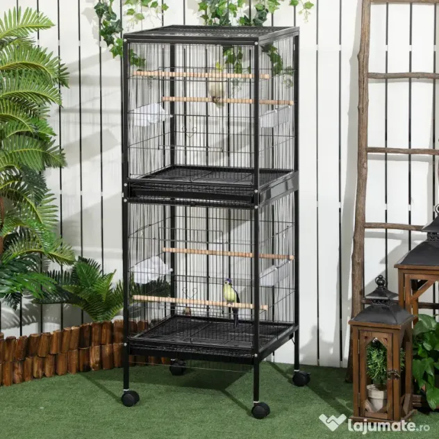 PawHut Colivie pentru Păsări cu 4 Roți Pivotante, Tăvi Detașabile și Recipiente din Plastic, 51.5x50x140 cm, Negru | Aosom Romania