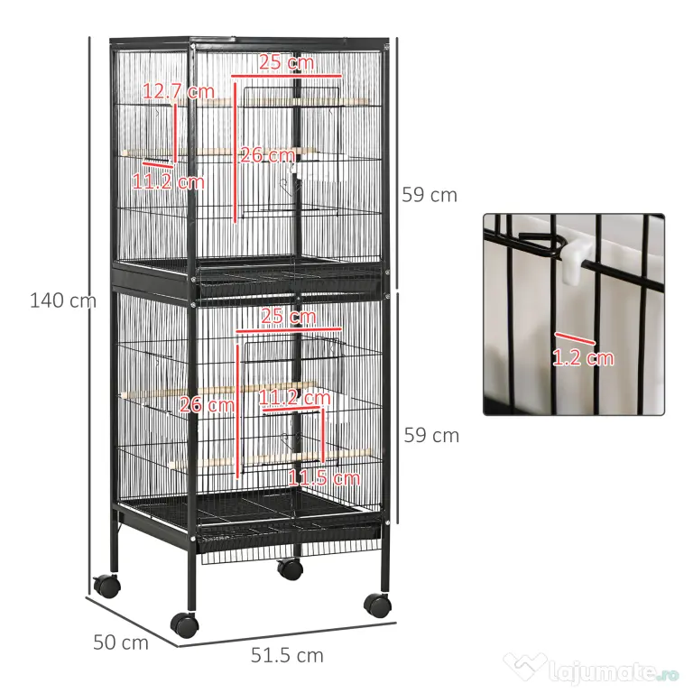 PawHut Colivie pentru Păsări cu 4 Roți Pivotante, Tăvi Detașabile și Recipiente din Plastic, 51.5x50x140 cm, Negru | Aosom Romania