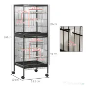 PawHut Colivie pentru Păsări cu 4 Roți Pivotante, Tăvi Detașabile și Recipiente din Plastic, 51.5x50x140 cm, Negru | Aosom Romania 