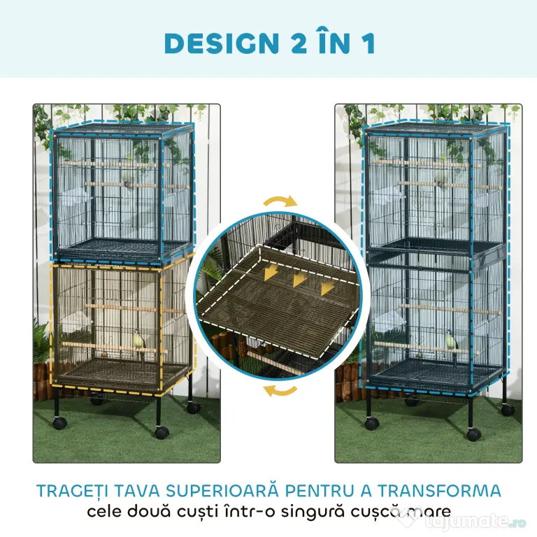 PawHut Colivie pentru Păsări cu 4 Roți Pivotante, Tăvi Detașabile și Recipiente din Plastic, 51.5x50x140 cm, Negru | Aosom Romania