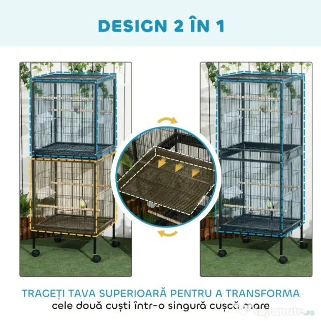 PawHut Colivie pentru Păsări cu 4 Roți Pivotante, Tăvi Detașabile și Recipiente din Plastic, 51.5x50x140 cm, Negru | Aosom Romania