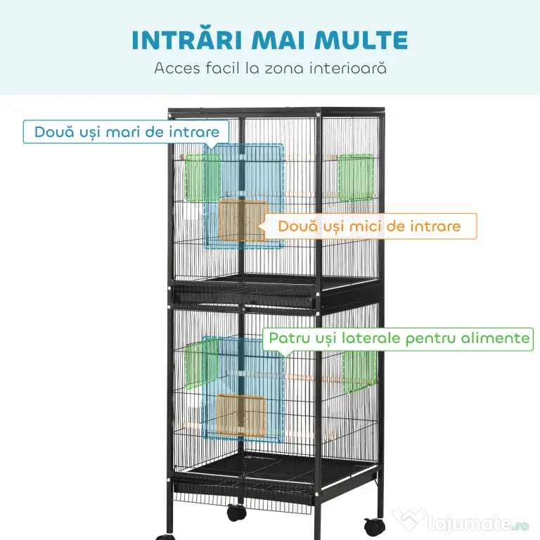 PawHut Colivie pentru Păsări cu 4 Roți Pivotante, Tăvi Detașabile și Recipiente din Plastic, 51.5x50x140 cm, Negru | Aosom Romania
