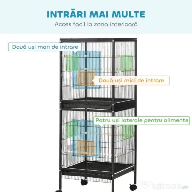 PawHut Colivie pentru Păsări cu 4 Roți Pivotante, Tăvi Detașabile și Recipiente din Plastic, 51.5x50x140 cm, Negru | Aosom Romania