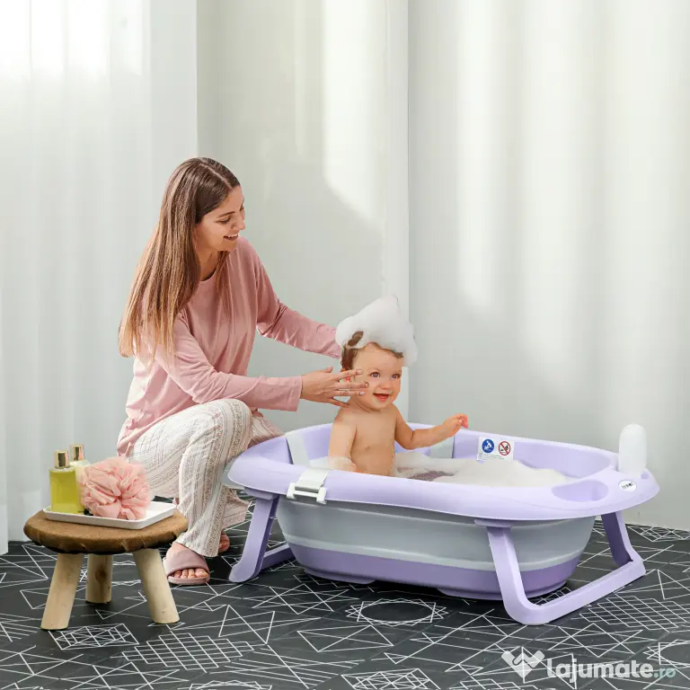 ZONEKIZ Cadita Pliabila pentru Copii 0-6 Ani cu Perna si Organizatoare, 83x48x23.5cm, Violet/Alb | Aosom Romania